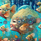 Vibrant fish with human-like faces in underwater seascape