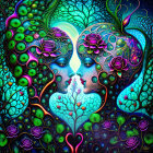 Psychedelic artwork of two faces with floral patterns on colorful background