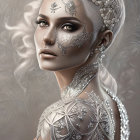 Digital artwork: Woman in silver and white floral body armor with matching jewelry and pearl-accented makeup