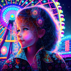 Curly-Haired Child in Neon-Lit Amusement Park Setting