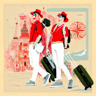 Tourists with luggage in Parisian scene wearing red hats and sunglasses