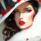 Digital painting of woman in white hat with red lipstick and coat