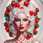 Whimsical woman with strawberry headdress holding dessert cup against ornate background