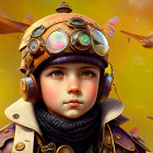 Steampunk-style child with pilot helmet surrounded by flying mechanical devices on yellow background