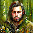 Colorful illustration: Man with beard and green eyes in autumn forest.