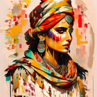 Colorful painting of woman with turban, scarf, and ethnic jewelry in rich warm tones