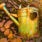 Vintage Yellow Watering Can Among Autumn Leaves: Gardening Nostalgia Evoked