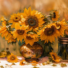 Colorful sunflowers in vase on warm backdrop