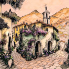 Serene vintage village: cobblestone street, quaint houses, flowering vines