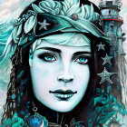 Stylized portrait of a woman with blue tones and marine theme