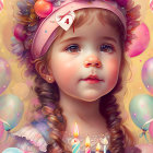 Young girl with braided hair and cupcake surrounded by colorful balloons