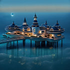 Fantastical castle-like structure on stilts over tranquil waters