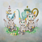 Whimsical cat illustration with floral patterns at a tea party