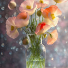 Colorful poppy bouquet in glass vase on bokeh light background
