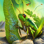 Detailed illustration of green grasshopper in lush foliage with butterfly and insects