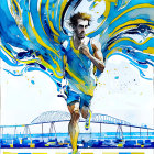 Colorful Runner Illustration with Blue and Yellow Swirls on Bridge Backdrop