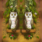 Colorful illustrated owls on branch with Christmas tree backdrop