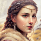 Digital painting of woman with gold tiara, fur cloak, and snowflakes in hair