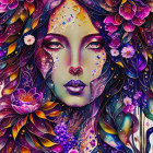 Colorful Woman's Face Illustration with Floral and Cosmic Motifs