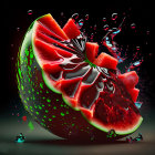 Colorful Sliced Watermelon with Splashing Juice on Dark Background