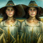 Twin girls in blue dresses and hats in wheat field under clear sky