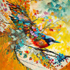 Colorful Bird Illustration with Leaf Wings perched on Autumn Branch