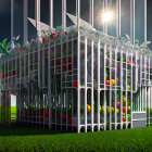 Colorful fruits and vegetables in birdcage under sunny sky