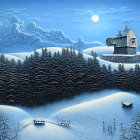 Winter night scene: snow-covered cabin, full moon, bus on snowy road