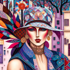 Colorful digital artwork: Woman with feathered hat and vibrant attire in whimsical cityscape