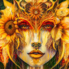 Woman's face with sunflower motifs and golden patterns: Mystical nature-inspired illustration