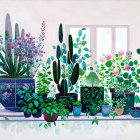 Assorted potted plants and cacti on shelf with green foliage and pink flowers.