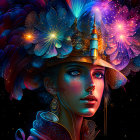 Cosmic-themed digital portrait of a woman with glowing flowers and unicorn horn