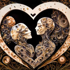Intricate Heart-Shaped Artwork with Symmetrical Faces on Dark Background