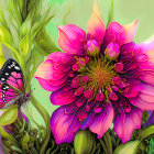 Colorful flower and butterfly illustration on green background