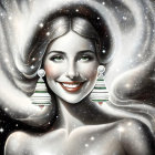 Stylized portrait of smiling woman with cosmic features and twinkling stars backdrop