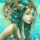 Fantastical portrait of female figure with aqua-toned skin and underwater theme.