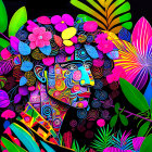 Colorful Lion Artwork with Mane of Tropical Flowers and Leaves