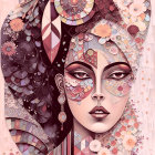 Woman adorned with floral patterns and geometric shapes in pink, red, and purple palette