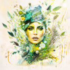 Colorful portrait of a woman with botanical elements and floral hat.