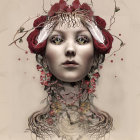 Surreal portrait of woman with floral and avian motifs and clock