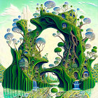 Vibrant green tree with whimsical treehouses and floating islands in surreal artwork