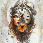 Surrealist artwork: Woman's face merged with clock gears in steampunk style