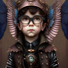 Steampunk-themed child with hat, goggles, mechanical wings, and gear decorations