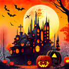 Haunted house, pumpkins, bats, full moon, autumn trees in spooky Halloween scene