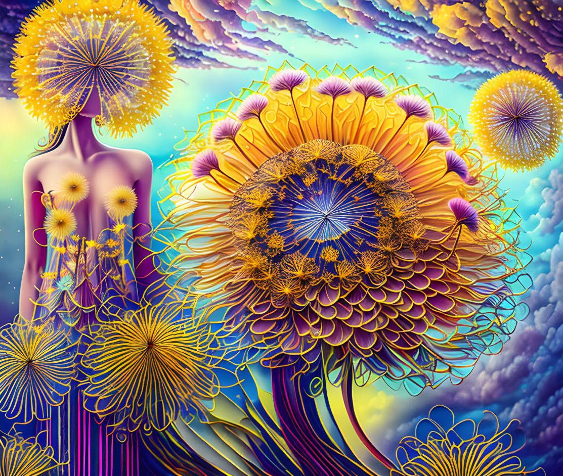 Colorful Psychedelic Humanoid Figure with Floral Patterns on Cloudy Background