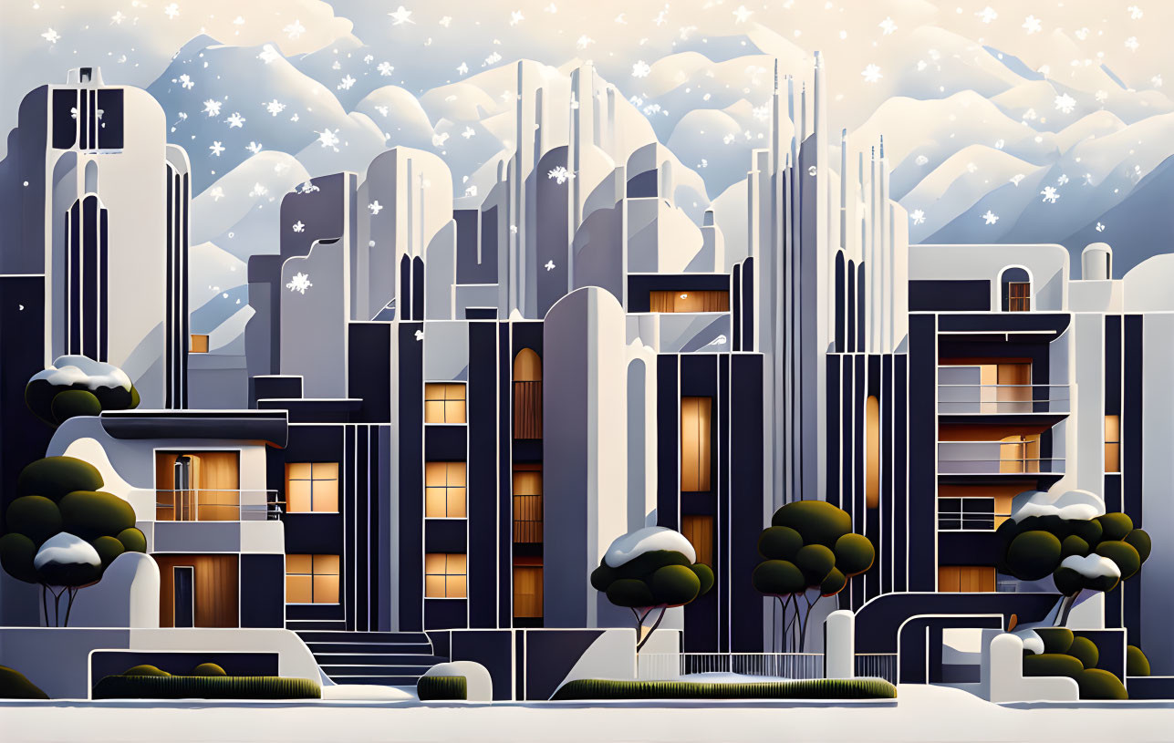 Winter cityscape artwork: snow-covered buildings, geometric shapes, snowflakes, mountain backdrop.