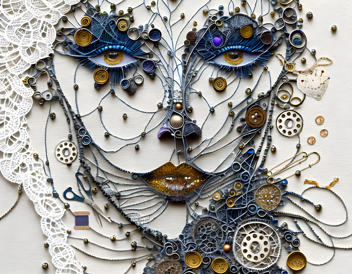 Abstract face artwork with lace, gears, beads, and jewelry elements