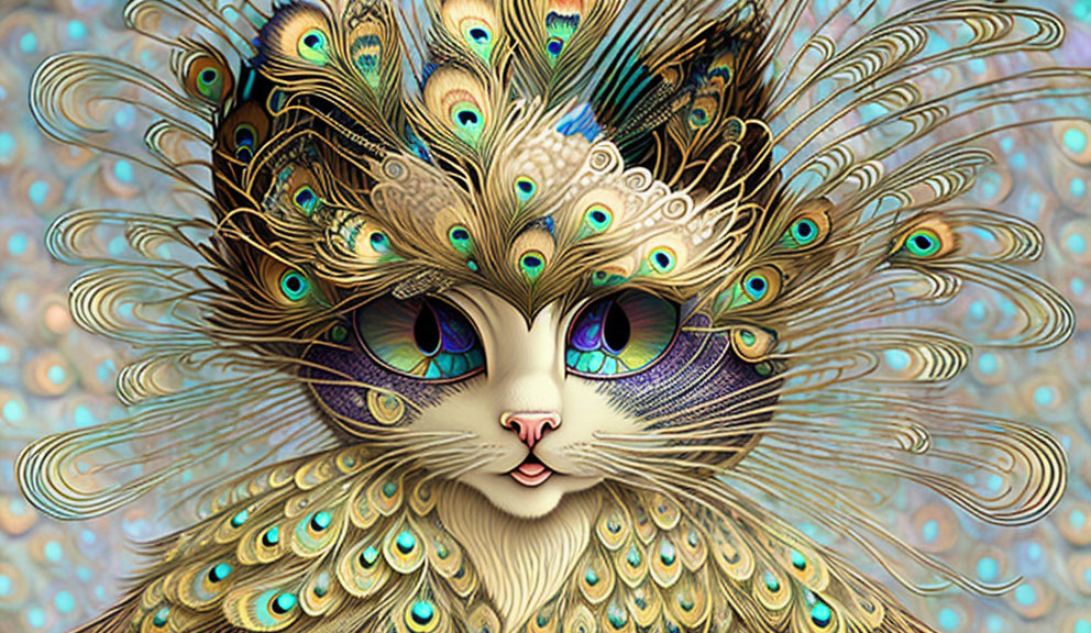 Illustration of cat with peacock feathers, blue eyes, and intricate patterns