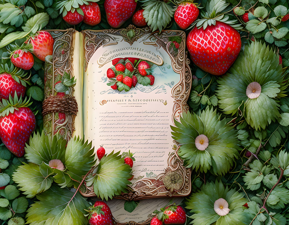 Ornate illustrated open book with strawberries and leaves on natural backdrop