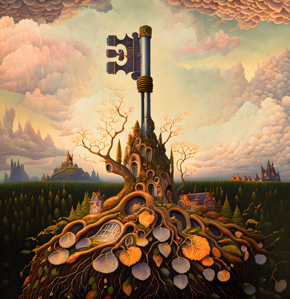 Organic tree structure with oversized guitar headstock in surreal landscape